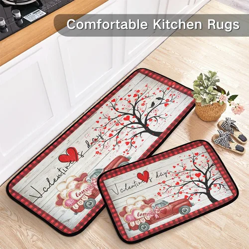 Miniatura 6 de Juego de 2 alfombras y tapetes de cocina retro con diseño de camión rojo con diseño de árbol de corazón, diseño de búfalo rojo, antifatiga