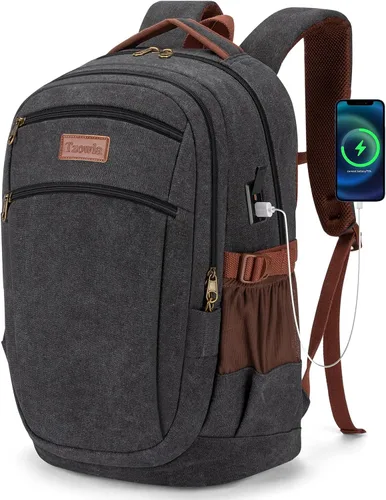 Tzowla Mochila vintage de lona para laptop, para hombres y mujeres, mochila de viaje universitario y trabajo con puerto de carga USB/tipo C, bolsa