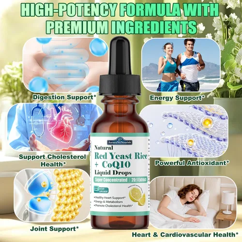 Miniatura 4 de Arroz de levadura roja liposomal con gotas líquidas Coq10, 5 en 1 extra fuerte 1200 mg de colesterol y apoyo cardíaco con ácido alfa lipoico