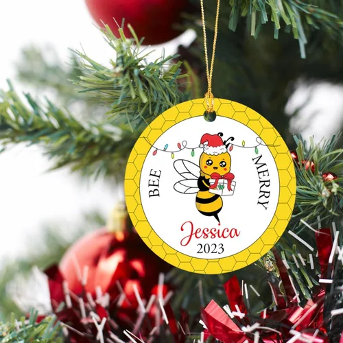 Miniatura 3 de Adorno de Navidad 2026 con texto en inglés "Bee Merry Christmas", adornos personalizados de Navidad de abejas 2026, decoración colgante de árbol