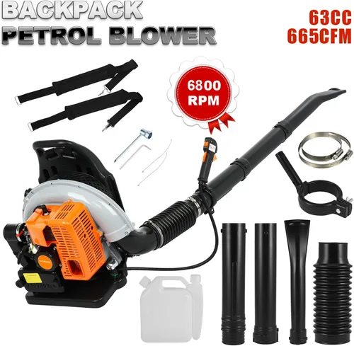 Miniatura 5 de Soplador de hojas de mochila, 63CC 665 CFM 3HP Motor de 2 tiempos soplador de hojas de gas, soplador de hojas de gas de alta resistencia, soplador