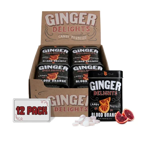 Ginger Delights Dulces de Naranja Sanguina | Raíz de Jengibre Molido Genuina, Sabores Naturales | Certificado Kosher, Vegano, Sin Gluten | Sin