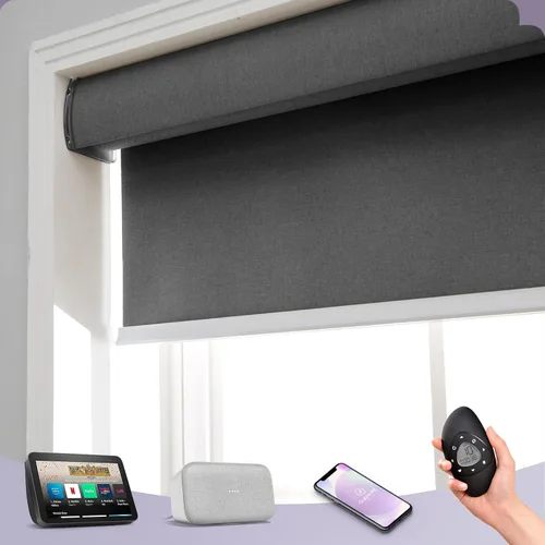 Miniatura 27 de Graywind Persiana enrollable motorizada funciona con Alexa Google, persianas inteligentes 100% opacas recargables con control remoto de motor