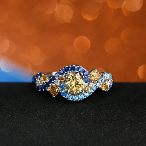 Miniatura 7 de Jeulia Juego de anillos de boda de compromiso de la noche estrellada de corte redondo, anillo de novia de plata de ley, aniversario de moda, día