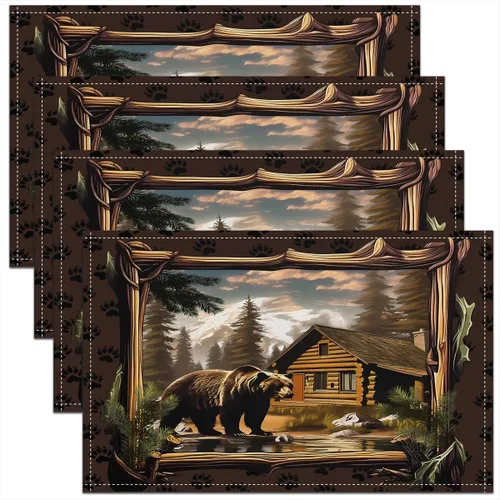 Miniatura 31 de jejeloiu Manteles individuales de mesa con osos para niños, manteles de mesa de animales salvajes de granja, mantel individual rústico de familia