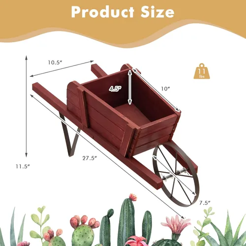 Miniatura 7 de HAPPYGRILL Planta de carro de carretilla, maceta pequeña de madera de pino maciza con soporte de metal triangular, 2 asas de ahorro de energía