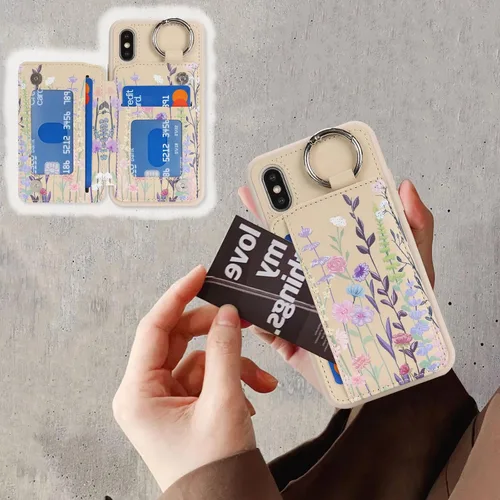Miniatura 8 de Havaya Funda para iPhone Xs y iPhone X, cartera con tarjetero y llavero, soporte de anillo de piel sintética, diseño floral con ranuras