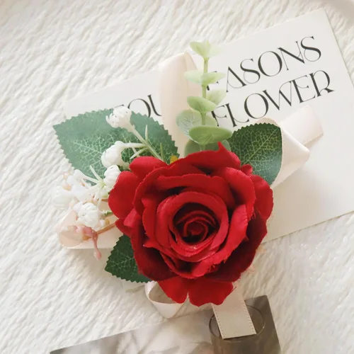 Miniatura 3 de MAFELOE Juego de ramillete de muñeca y boutonniere, accesorios de rosas artificiales para novio, novia, padrinos de boda, damas de honor, boda, Rojo