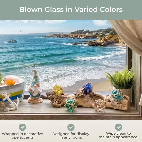 Miniatura 7 de Juego de 5 flotadores de pesca de cristal inspirados en la costa con detalles de cuerda, encantadores adornos náuticos de estilo antiguo