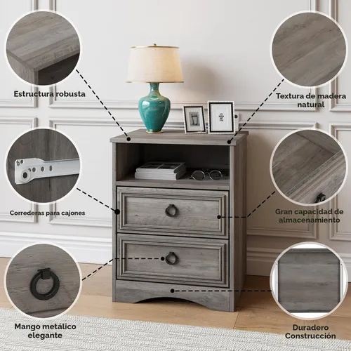 Miniatura 7 de Juego de 2 mesitas de noche con 2 cajones, mesita de noche de 18 pulgadas de ancho con cajones para dormitorio, mesa auxiliar de cama grande y mesa