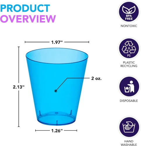 Miniatura 2 de Party Essentials Vasos de disparo de plástico duro de 2 onzas, azul neón, 50