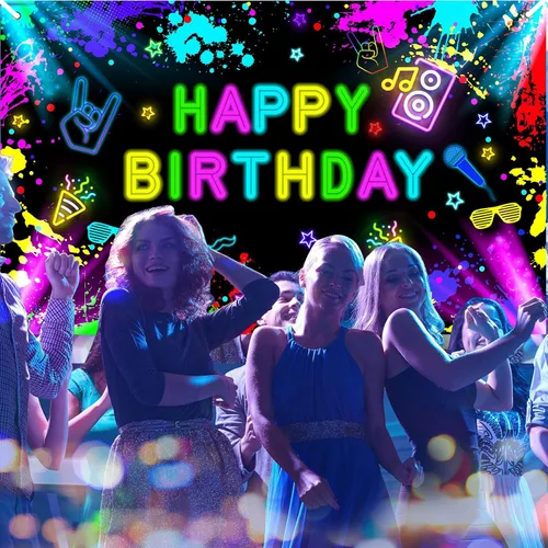 Miniatura 4 de Cartel de cumpleaños neón de 6 x 3.6 pies que brilla en la oscuridad, decoraciones de neón para fiesta de cumpleaños, fondo de fotografía