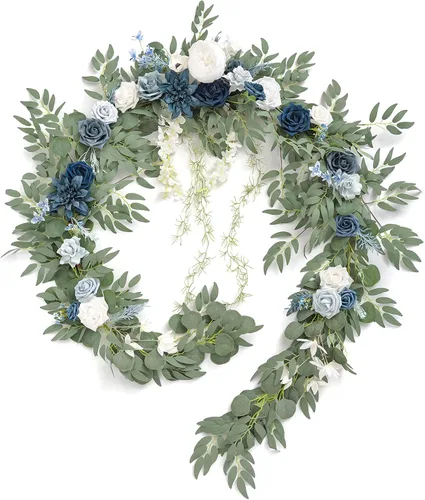 Miniatura 10 de Ling's moment Guirnalda de eucalipto y hojas de sauce de 9 pies con flor blanca, artesanal, centros de mesa para mesa de novios, decoración de mesa