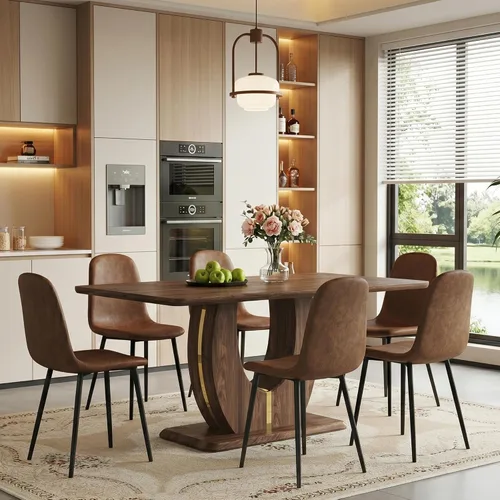 Miniatura 10 de Juego de mesa de comedor moderno para 4, mesa de cocina de madera de 63 pulgadas con 4 sillas tapizadas de gamuza de tela, estilo granja con parte