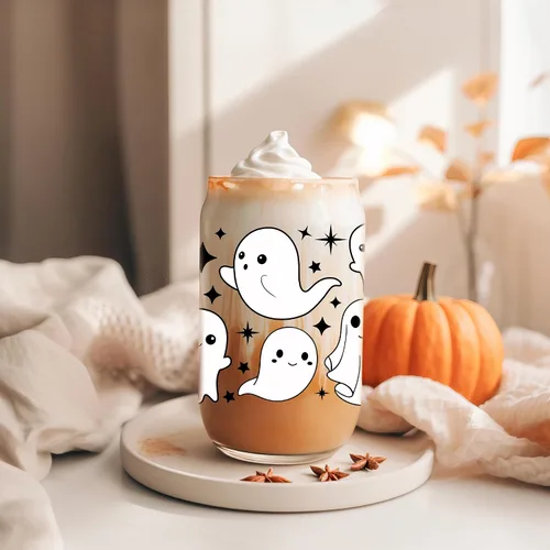 Miniatura 5 de Coolife Taza fantasma de Halloween, vaso de vidrio de 16 onzas con tapas y pajitas, taza de café helado espeluznante para batidos, bonitos regalos