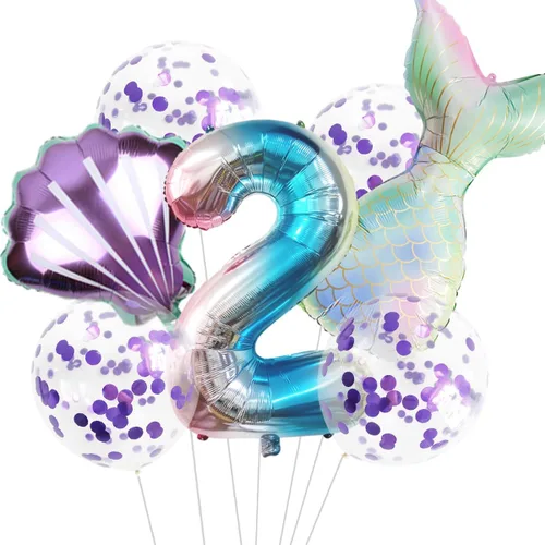 Miniatura 22 de 7 globos de sirena con números para fiesta de cumpleaños de 1, 2, 3, suministros de decoración de cola de sirena para niñas (número 0)