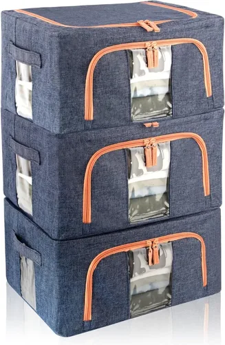 Miniatura 10 de Paquete de 3 contenedores plegables de almacenamiento de ropa de 22 litros, apilables, con marco de acero, organizador con ventanas transparentes
