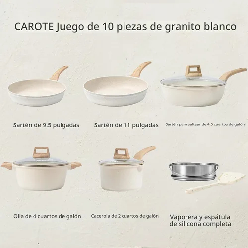 Miniatura 2 de CAROTE Juego de ollas y sartenes antiadherentes, juego de utensilios de cocina de inducción de granito blanco, 10 piezas antiadherentes con sartenes