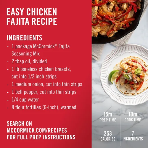 Miniatura 9 de McCormick Mezcla de condimentos, para fajitas estilo restaurante en casa. Se puede utilizar con: pollo, filete, camarones, verduras, 1.12 oz