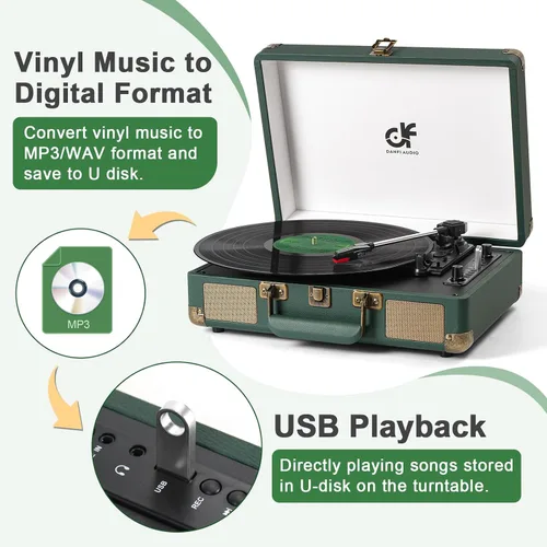 Miniatura 6 de Tocadiscos de vinilo Bluetooth de 3 velocidades portátil tipo maleta con altavoces integrados, grabación USB de vinilo a MP3, RCA, AUX y salida