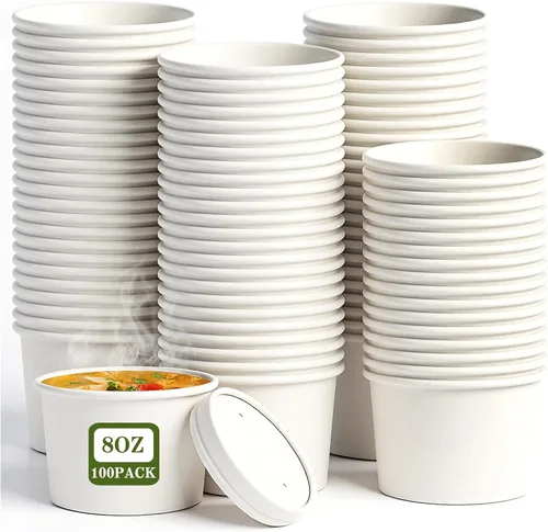 Miniatura 11 de Paquete de 100 recipientes de papel de 4 onzas para sopa con tapas ventiladas, recipientes desechables para alimentos, tazas de helado de estraza