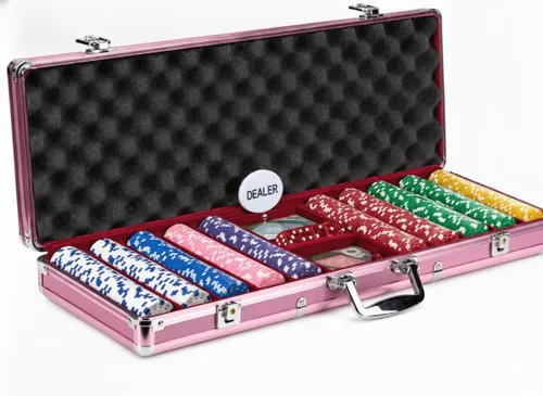 Juego de fichas de póquer de 500 piezas con funda de transporte de aluminio rosa, fichas de dados estilo casino de 0.43 oz para Texas Hold'em,