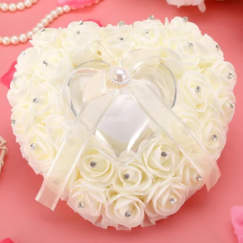 Miniatura 4 de GOTOTOP Almohada de boda, romántica de encaje de cristal rosa de boda en forma de corazón, cojín con cinta perla ceremonia de boda (blanco lechoso)