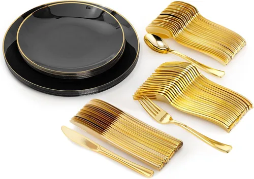 Miniatura 9 de Trendables Juego de platos desechables con cubiertos, color verde para 40, incluye 40 platos, juego de cubiertos con tenedores de plástico