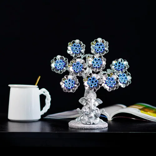 Miniatura 5 de Árbol de la suerte de flores de ojo malvado con elefante hindú plateado Ganesha, estatua de Dios para oficina en casa, adorno de protección Feng