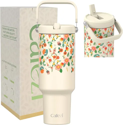 Miniatura 41 de Vaso de 30 onzas con tapa y pajita, vasos de acero inoxidable con aislamiento al vacío con pajita plegable y asa superior, botella de agua aislada
