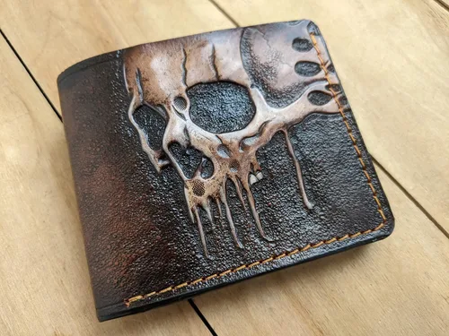 Miniatura 5 de Melting Skull, Zombie, Skeleton, Men's 3D Genuine Leather Wallet, Hand-Carved, Hand-Painted, Leather Carving, Custom wallet, Personalized wallet