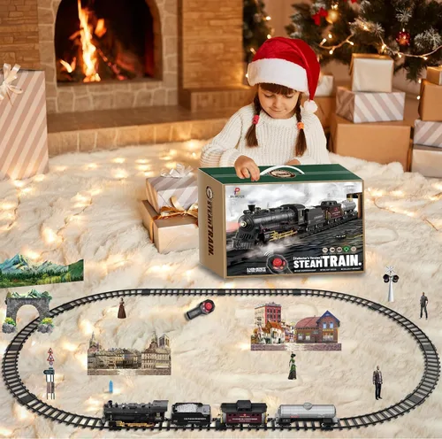 Miniatura 9 de Juego de tren eléctrico con control remoto de Navidad, locomotora de vapor, vagón de carga y pistas, juguetes de tren recargables para niños con 3