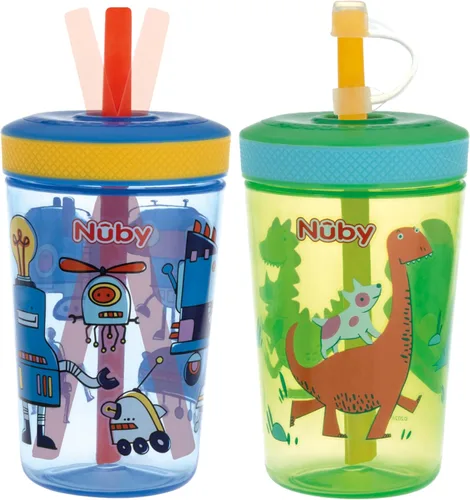 Miniatura 9 de Nuby Thirsty Kids Super Sipper - Vaso antiderrames para niños pequeños con válvula de silicona de 360° y popote giratorio, paquete de 2, 14 onzas