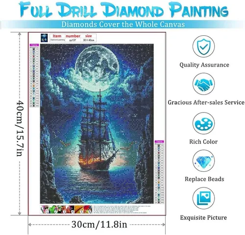 Miniatura 2 de NEGHER Kits de pintura de diamantes de paisaje 5D para adultos principiantes, DIY luna de barco de vapor, taladro redondo completo, kits de arte