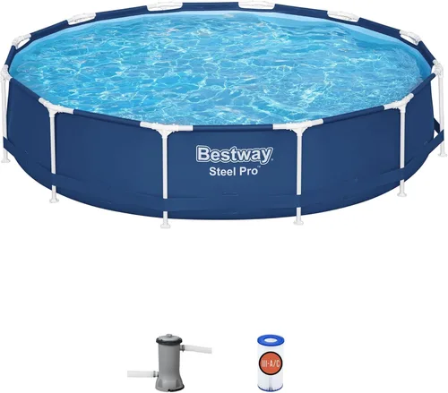 Miniatura 10 de Bestway Steel Pro - Juego de piscina redonda de 10 pies x 30 pulgadas con marco sobre el suelo, para exteriores, con bomba de filtro de 330 GPH, azul