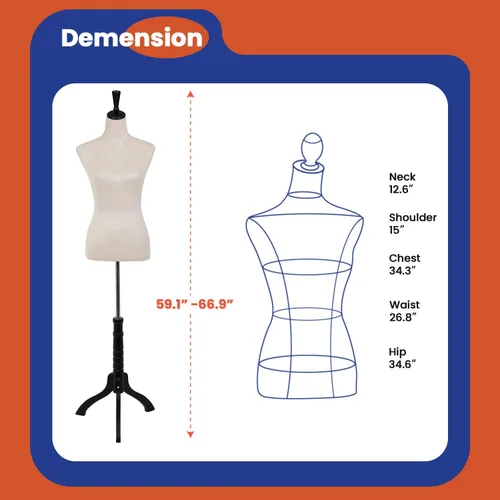 Miniatura 8 de Maniquí de torso, maniquí en forma de vestido con altura ajustable, maniquí femenino para modelo de vestido, torso de cuerpo con soporte de trípode