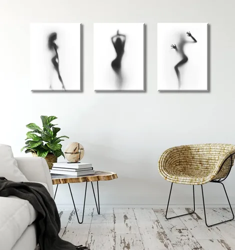 Miniatura 6 de Arte de pared para decoración de baño, 3 piezas, arte de pared en blanco y negro, pósteres sexys, impresión en lienzo, pintura de silueta nebulosa