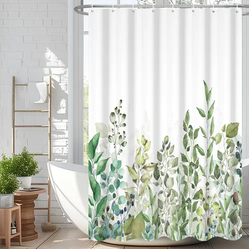 Miniatura 44 de Cortina de ducha de eucalipto verde salvia Velaequezii con plantas de acuarela, hojas botánicas de primavera impresas, cortina de baño impermeable