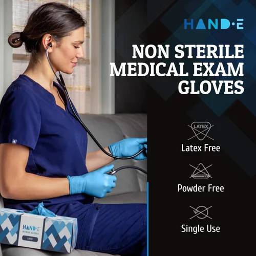 Miniatura 2 de Guantes desechables de nitrilo azul Hand-E Touch - Guantes de examen médico sin látex, sin polvo, seguros para alimentos, para cocinar