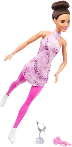 Barbie Careers Fashion Doll & Accesorios, Morena Patinadora de Hielo en Traje Rosa Desprendible con Patines de Hielo y Trofeo