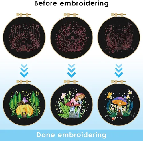 Miniatura 3 de ERKOON 5 Kits de Bordado para Principiantes, Juego de Costura Manual de Manualidades Kit de Inicio de Punto de Cruz de Hongos, Kits de Bordado DIY