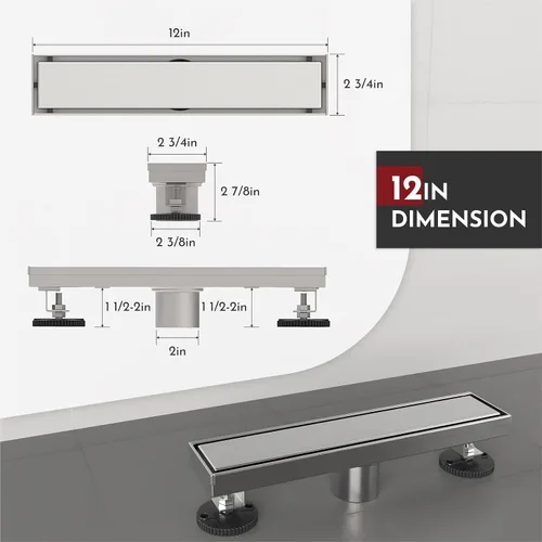 Miniatura 2 de WEBANG Drenaje de ducha lineal de 12 pulgadas, desagüe de piso rectangular con accesorios, cubierta reversible 2-en-1, rejilla de inserción