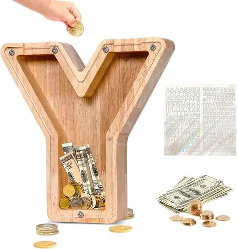 Miniatura 20 de Alcancía de Madera Personalizada con Letras del Alfabeto, Banco de Monedas con Letras del Alfabeto para Niños, Niñas y Bebés, Tamaño Grande, 26