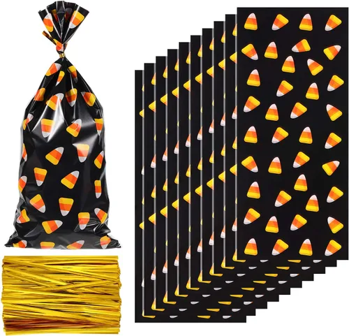 100 bolsas de celofán de Halloween con patrón de maíz de caramelo, bolsas de celofán con 200 lazos dorados para galletas y aperitivos de chocolate