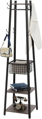 VECELO Perchero industrial, soporte de ropa de Enterway con estantes de almacenamiento de 2 niveles y cesta de metal, árboles de pasillo mejorados