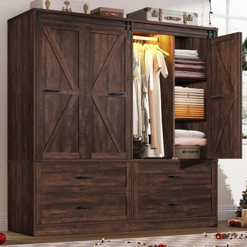 Armario rústico de 4 puertas con puerta corrediza plegable de granero y luces, armario LED con cajones para dormitorio, armario de madera Marrón