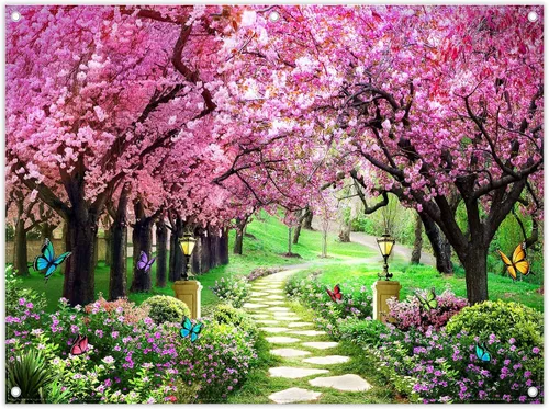 Telón de fondo de fotografía de paisaje primaveral de 8 x 6 pies, jardín, flores, árbol, camino, paisaje, mujeres, niños, decoración de fiesta,