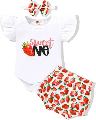 Miniatura 7 de Conjunto de ropa para bebé niña de 1er cumpleaños con mangas con volantes + pantalones cortos estampados + diadema para tartas