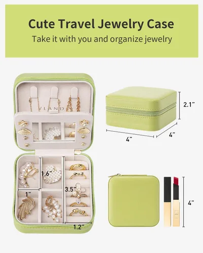 Miniatura 4 de Vlando Pequeño organizador de joyero de viaje Anillo de regalo para mujer, aretes, collares, vitrina de almacenamiento para niñas, color verde