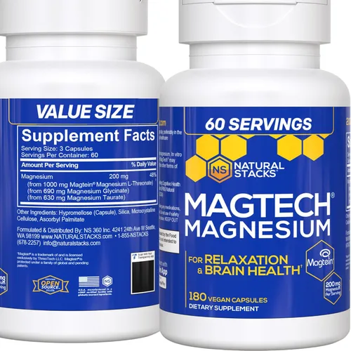MagTech Suplemento de Magnesio - 3 Formas de Magnesio: Magtein L-Threonate, Glicinato y Taurato - Complejo de Magnesio Quelatado de 200mg - Apoya la